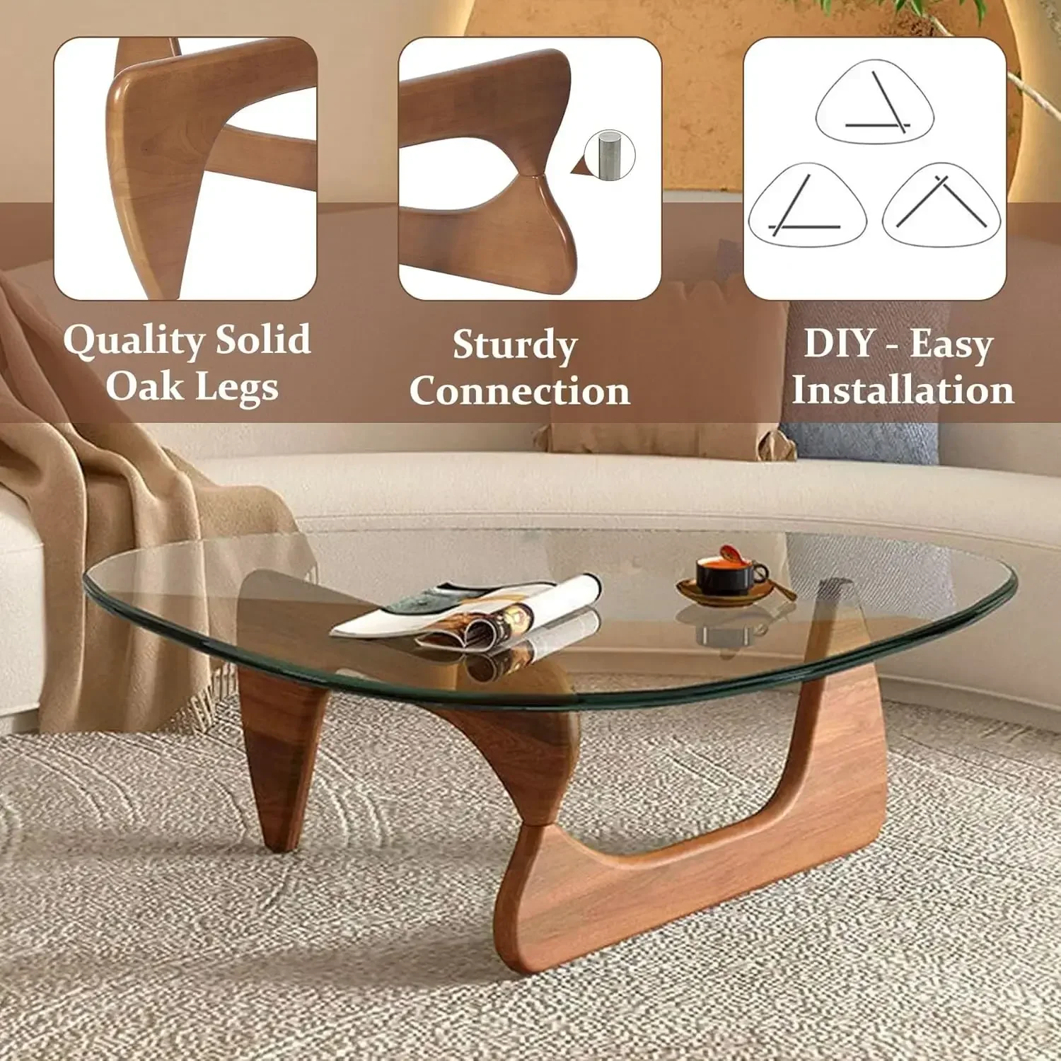 Coffee Tables for Living Room - Triangle Glass Coffee Table with Wooden Base Mid-Century Modern Abstract End Table - Image 4