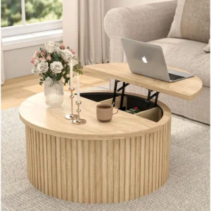 Lift Top Coffee Table with Storage, Round Coffee Tables for Living Room, 34.6'' Farmhouse Fluted Coffee Table, Wood Center Table