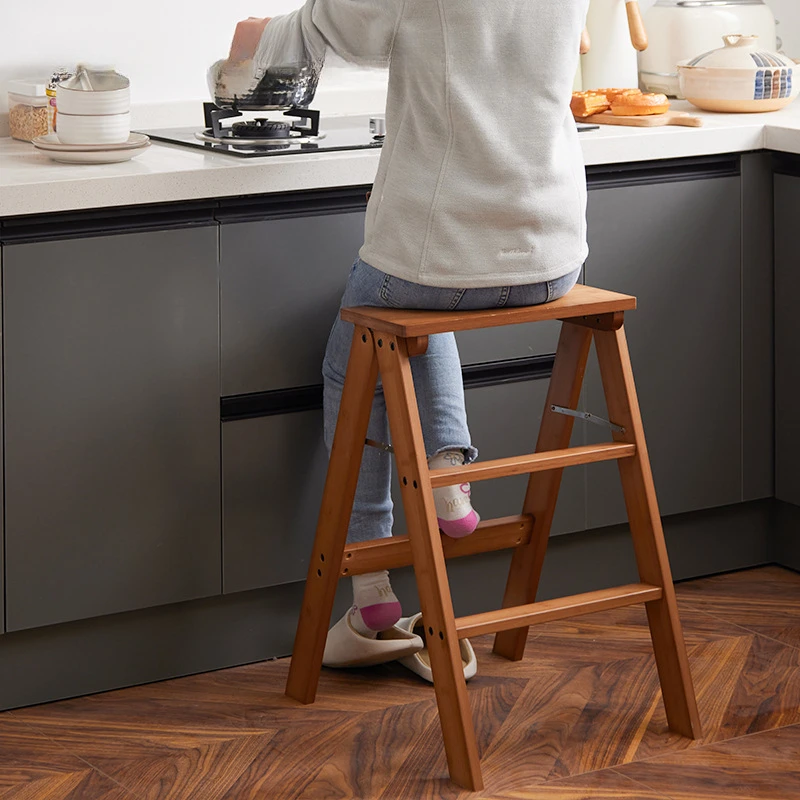 Household Solid Wood Folding Ladder Folding Chair Thickened Climbing Wooden Step Stool (Natural Wood Color)