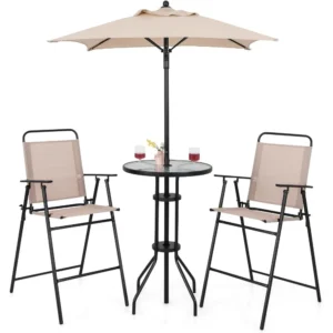 4-Piece Outdoor Bar Set, Round High Top Bar Table with 2 Folding Counter Height Chairs & Umbrella, Patio Bistro Table Set