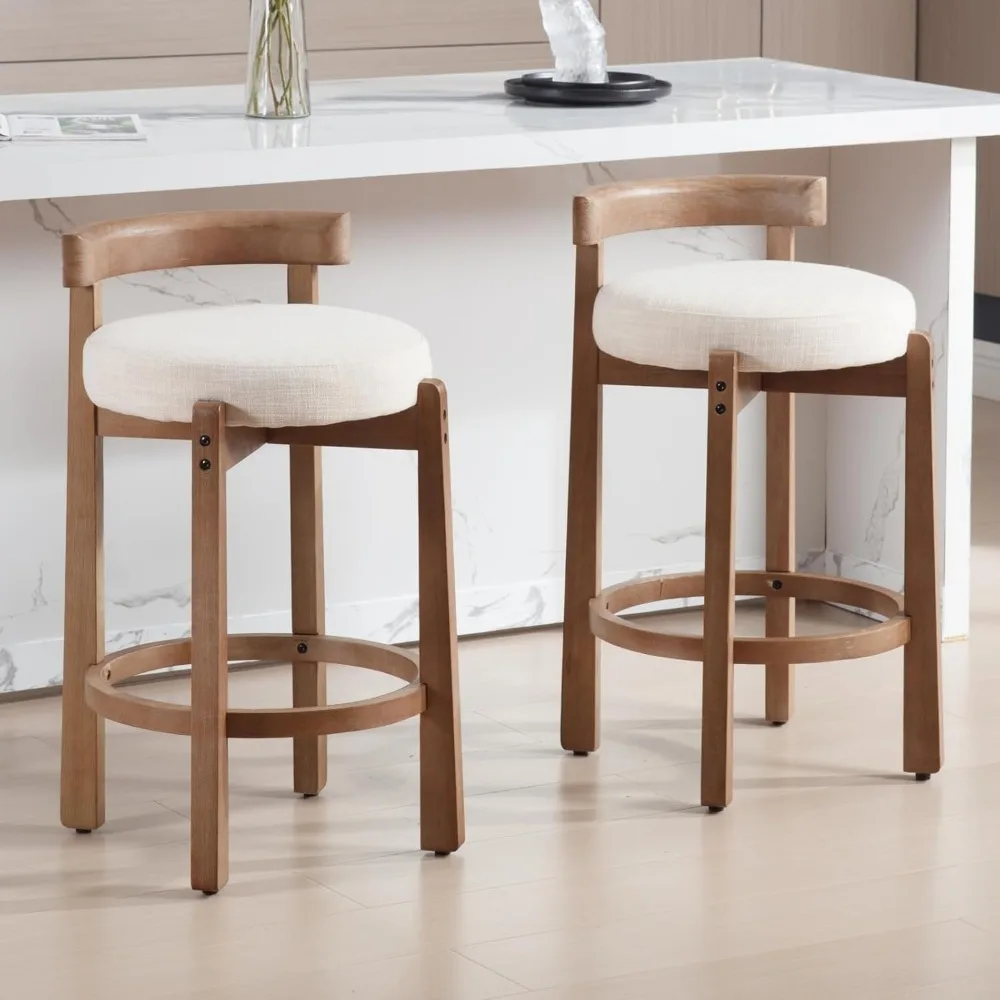 Mid Century Modern Bar Stools Set of 2, 26.5" Counter Stools with Back, Linen Upholstered Barstools with Solid Wood Legs Bar