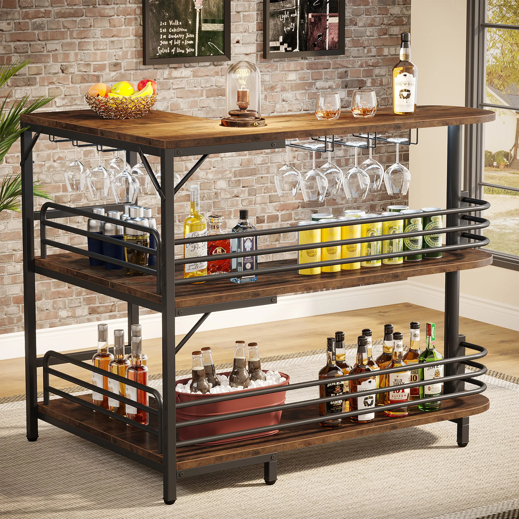 Tribesigns L-Shaped Home Bar Unit, 3 Tier Liquor Bar Table with Storage Shelves and Wine Glasses Holder