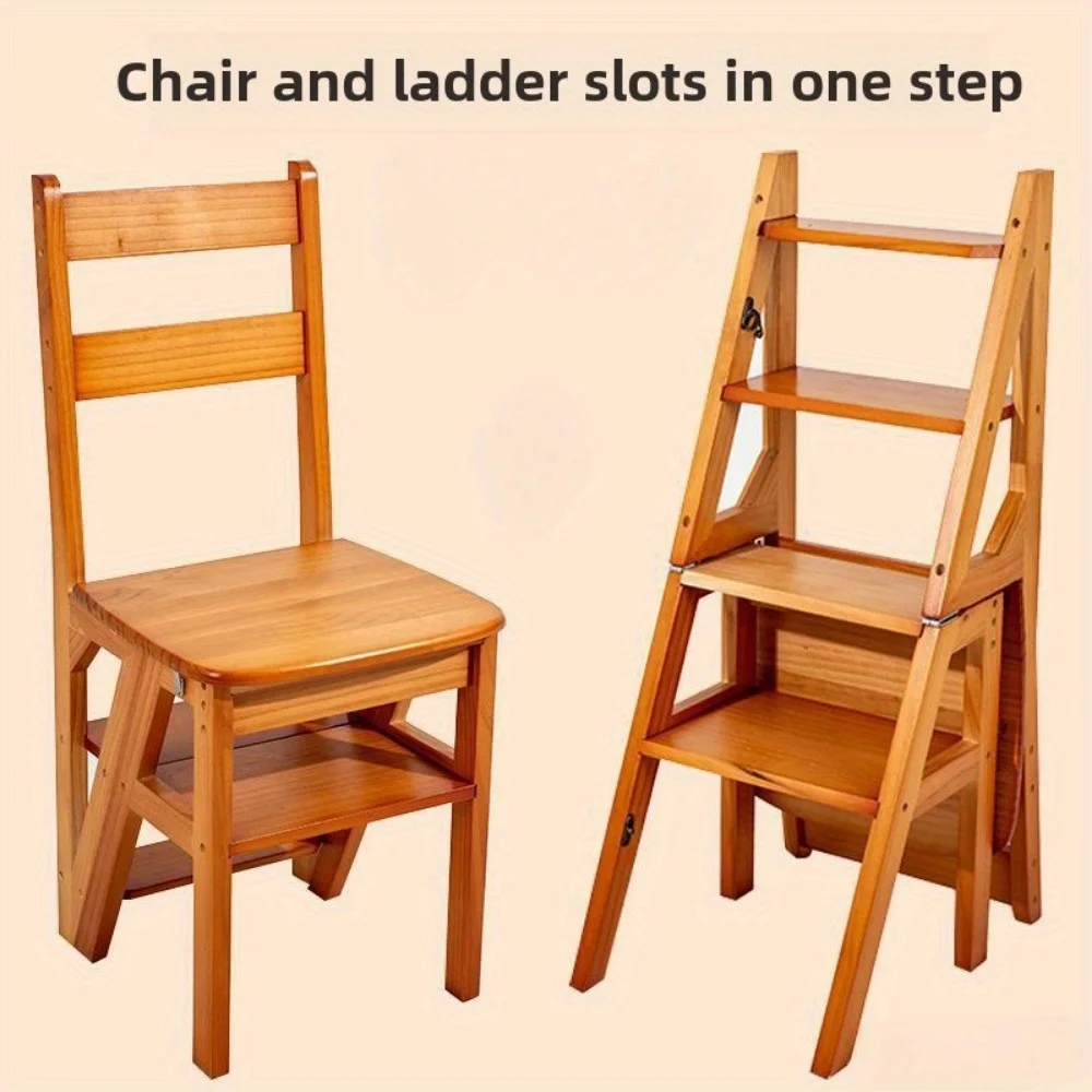 Foldable 4-Step Wooden Ladder Stool - Multi-Functional Home Step Ladders Storage Shelf, Sturdy Construction Indoor Use