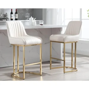 Counter Height Bar Stools Set of 2 with Back Modern Kitchen Counter Stools with Gold Legs Leather Island Chairs Comfy Stripe