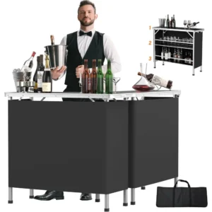 43" Portable Bar Table, 3-Tier Shelves, Mobile Bar Table for Events, Party, Camping, Picnic, Tradeshow, Indoor