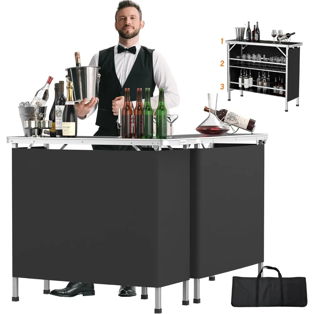 43" Portable Bar Table, 3-Tier Shelves, Mobile Bar Table for Events, Party, Camping, Picnic, Tradeshow, Indoor